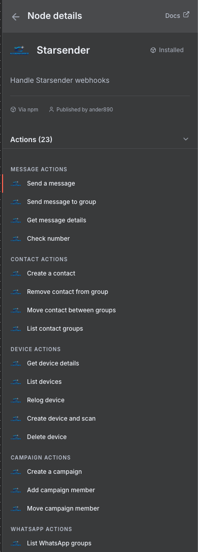 Node actions list